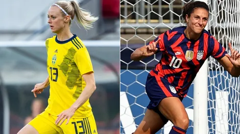 Amanda Ilested of Sweden (left) and Carli Lloyd of USA (Getty).
