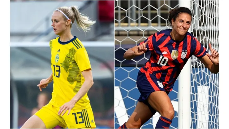 Amanda Ilested of Sweden (left) and Carli Lloyd of USA (Getty).