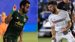 Jeremy Ebobisse of Portland Timbers (left) and Diego Rossi of LAFC. (Getty)