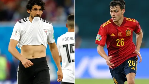 Ahmed Hegazy of Egypt (left) and Pedri of Spain (right). (Getty)