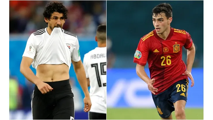 Ahmed Hegazy of Egypt (left) and Pedri of Spain (right). (Getty)