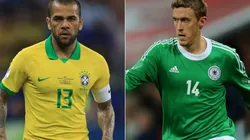 Dani Alves of Brazil (left) and Max Kruse of Germany (right). (Getty)