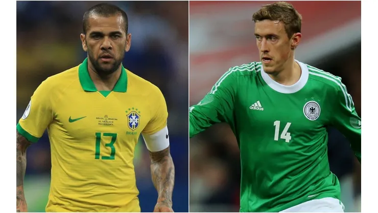 Dani Alves of Brazil (left) and Max Kruse of Germany (right). (Getty)