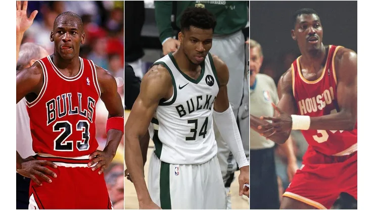 Michael Jordan (left), Giannis Antetokounmpo (Middle) & Hakeem Olajuwoon. (Getty)