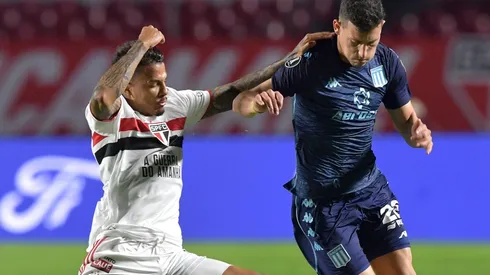Diego Costa of Sao Paulo competes for the ball with Tomás Chancalay of Racing Club (Getty).