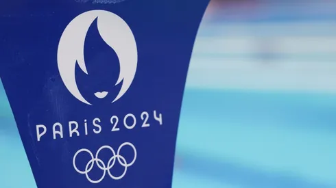 A General view of the backstroke flags at the competition pool in Paris La Defense Arena ahead of the Paris 2024 Olympic Games on July 22, 2024 in Paris, France.