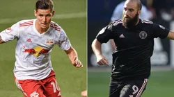 Patryk Klimala of New York Red Bulls (left) and Gonzalo Higuain of Inter Miami (right). (New York Red Bulls & Inter Miami CF @ Facebook)