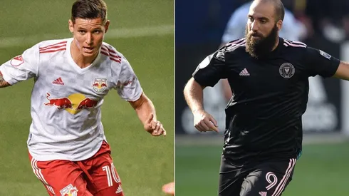 Patryk Klimala of New York Red Bulls (left) and Gonzalo Higuain of Inter Miami (right). (New York Red Bulls & Inter Miami CF @ Facebook)