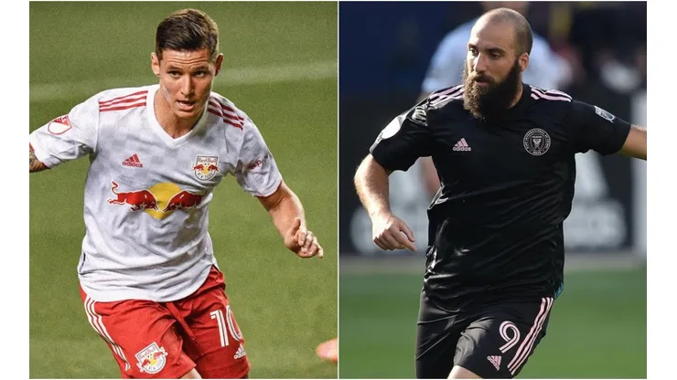 Patryk Klimala of New York Red Bulls (left) and Gonzalo Higuain of Inter Miami (right). (New York Red Bulls & Inter Miami CF @ Facebook)