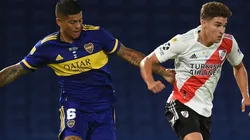 Marcos Rojo of Boca (left) and Julián Alvarez of River in action during a Superclásico. (Getty)