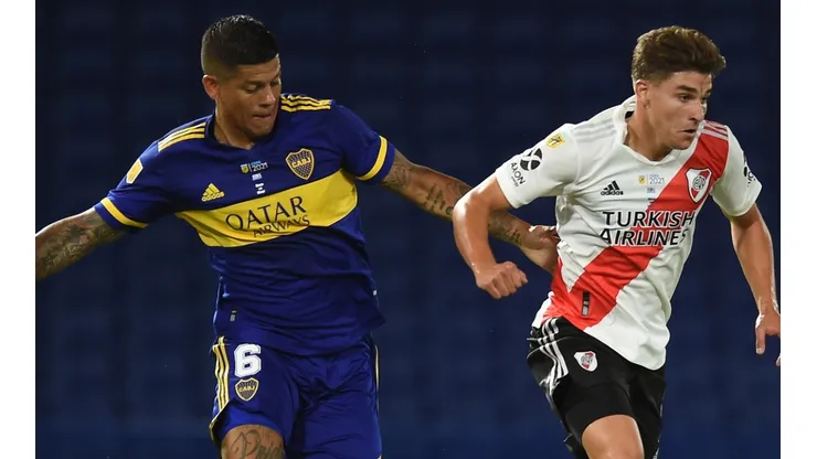 Marcos Rojo of Boca (left) and Julián Alvarez of River in action during a Superclásico. (Getty)