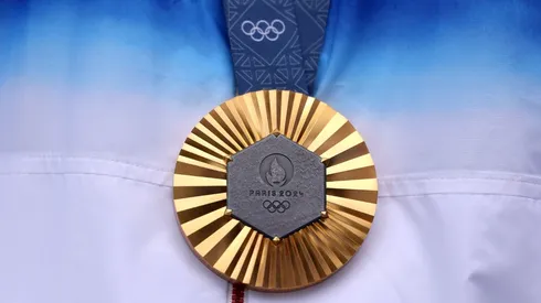 A detailed view of the gold medal of Sihyeon Lim of Team Republic of Korea on the podium after the Women’s Individual Archery competition on day eight of the Olympic Games Paris 2024 at Esplanade Des Invalides on August 03, 2024 in Paris, France.
