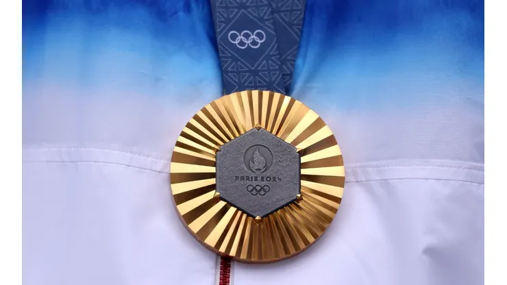 A detailed view of the gold medal of Sihyeon Lim of Team Republic of Korea on the podium after the Women’s Individual Archery competition on day eight of the Olympic Games Paris 2024 at Esplanade Des Invalides on August 03, 2024 in Paris, France.