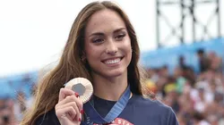 Team United States swimmer Emma Weyant poses for a photo with her bronze medal at Champions Park on day three of the Olympic Games Paris 2024 at on July 31, 2024 in Paris, France.