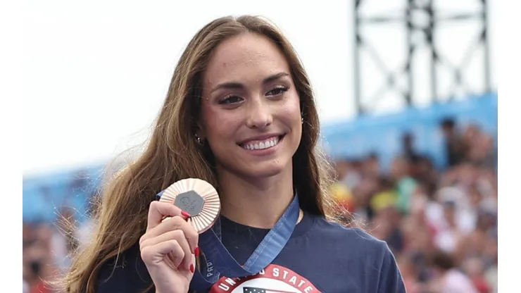 Team United States swimmer Emma Weyant poses for a photo with her bronze medal at Champions Park on day three of the Olympic Games Paris 2024 at on July 31, 2024 in Paris, France.