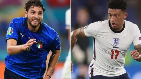 Manuel Locatelli of Italy (left) and Jadon Sancho of England (right). (Getty)