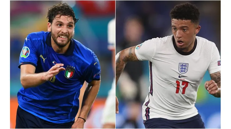 Manuel Locatelli of Italy (left) and Jadon Sancho of England (right). (Getty)