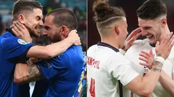 Jorginho and Bonucci of Italy (left), and Phillips and Rice of England (right). (Getty)