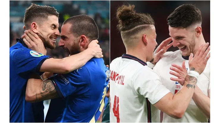 Jorginho and Bonucci of Italy (left), and Phillips and Rice of England (right). (Getty)