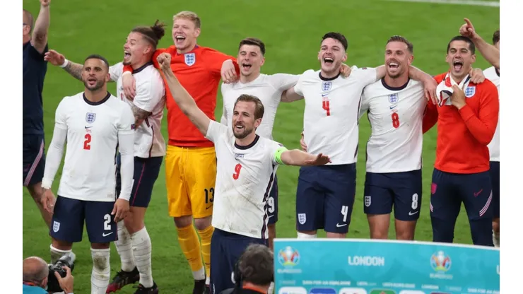 England players celebrate win over Denmark. (Getty)