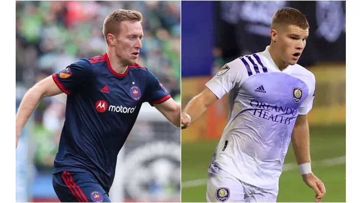 Robert Beric of Chicago Fire (left) and Christopher Mueller of Orlando City SC (Getty).