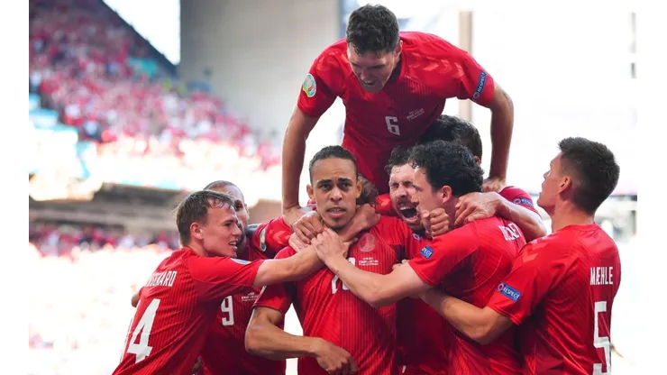 Denmark national team celebrate after scoring a goal. (Getty)