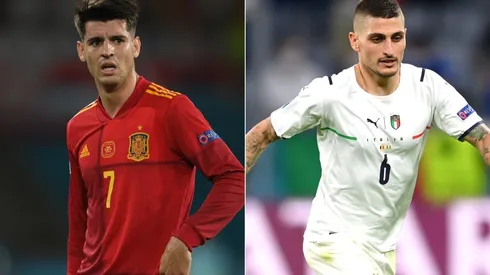 Alvaro Morata of Spain (left) and Marco Verratti of Italy (Getty).