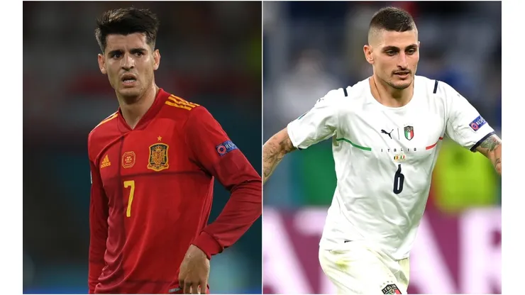Alvaro Morata of Spain (left) and Marco Verratti of Italy (Getty).