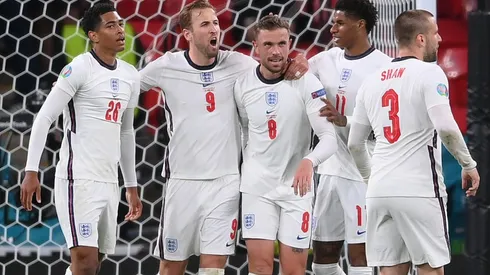 England national team celebrate after scoring a goal. (Getty)