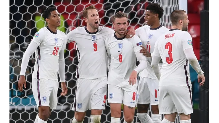 England national team celebrate after scoring a goal. (Getty)