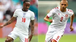 Raheem Sterling of England (left) and Martin Braithwaite of Denmark (Getty).