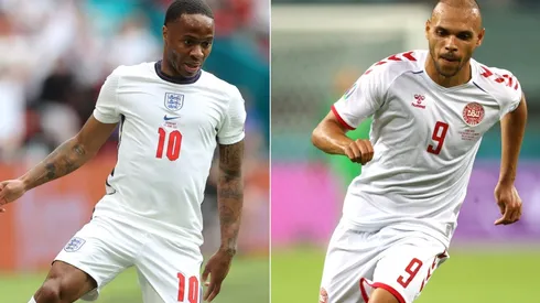 Raheem Sterling of England (left) and Martin Braithwaite of Denmark (Getty).