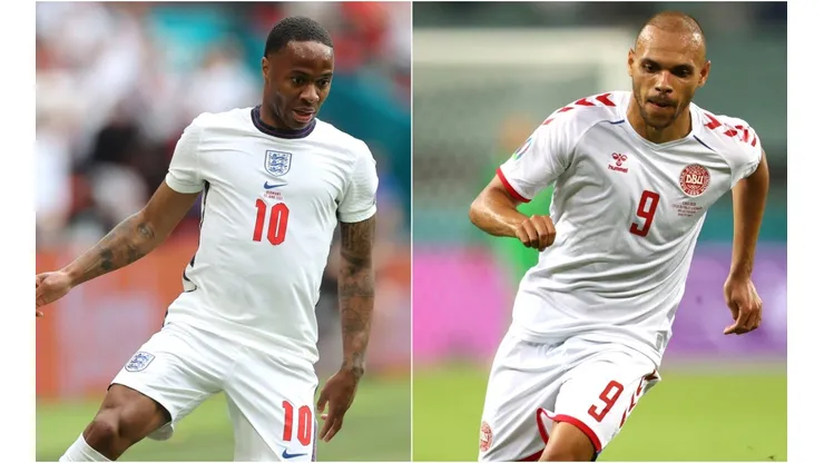 Raheem Sterling of England (left) and Martin Braithwaite of Denmark (Getty).