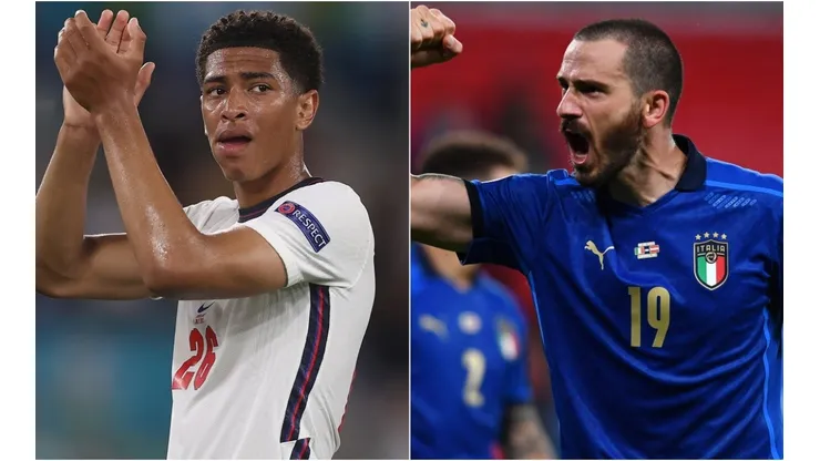 Jude Bellingham of England (left) and Leonardo Bonucci of Italy (right). (Getty)