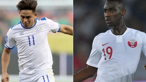 Darryl Lachman of El Salvador (left) and Almoez Ali of Qatar (Getty).