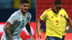 Rodrigo De Paul of Argentina (left) and Luis Muriel of Colombia (Getty).