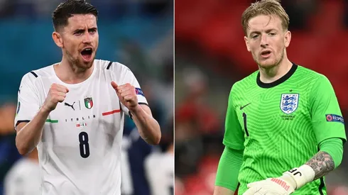 Jorginho of Italy (left) and Jordan Pickford of England (right). (Getty)