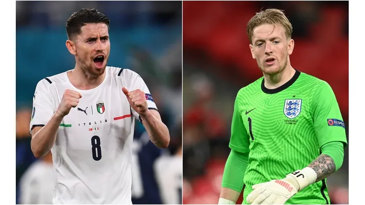 Jorginho of Italy (left) and Jordan Pickford of England (right). (Getty)