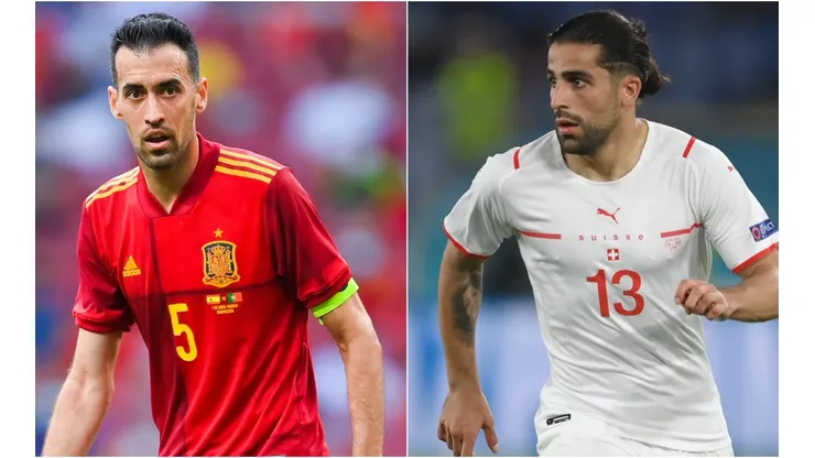 Sergio Busquets of Spain (left) and Ricardo Rodriguez of Switzerland (right). (Getty)