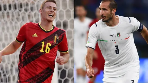 Thorgan Hazard of Belgium (left) and Giorgio Chiellini of Italy (right). (Getty)