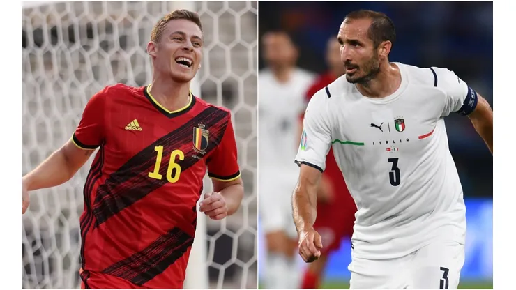Thorgan Hazard of Belgium (left) and Giorgio Chiellini of Italy (right). (Getty)