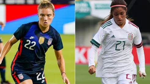 Kristie Mewis of the USWNT (left) and Joseline Montoya of Mexico (right). (Getty)