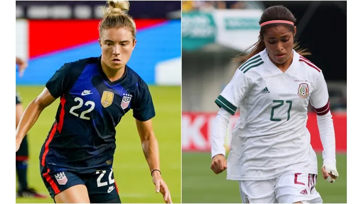 Kristie Mewis of the USWNT (left) and Joseline Montoya of Mexico (right). (Getty)
