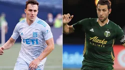 Jared Stroud of Austin FC (left) and Diego Valeri of Portland Timbers (right). (Getty)