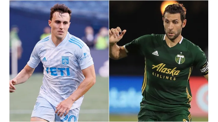 Jared Stroud of Austin FC (left) and Diego Valeri of Portland Timbers (right). (Getty)