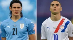Edinson Cavani of Uruguay (left) and Miguel Almiron of Paraguay. (Getty)