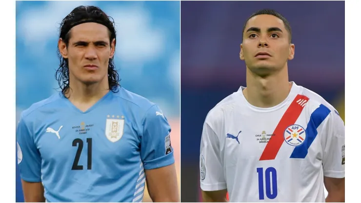 Edinson Cavani of Uruguay (left) and Miguel Almiron of Paraguay. (Getty)