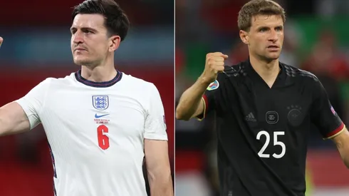 Harry McGuire of England (left) and Thomas Muller of Germany (Getty).