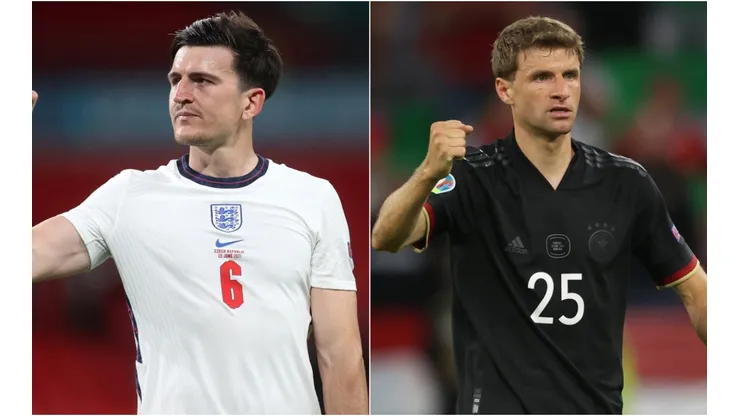 Harry McGuire of England (left) and Thomas Muller of Germany (Getty).