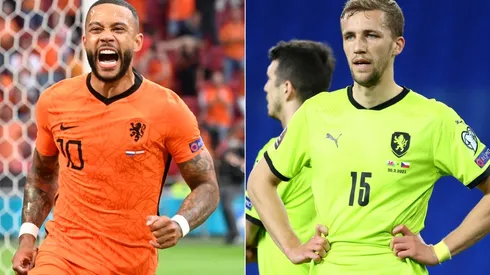 Memphis Depay of Netherlands (left) and Tomas Soucek of the Czech Republic (right). (Getty)